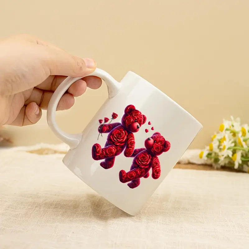 Teddy Bear Rose Flower Ceramic Mug Two-Sided 11 Oz