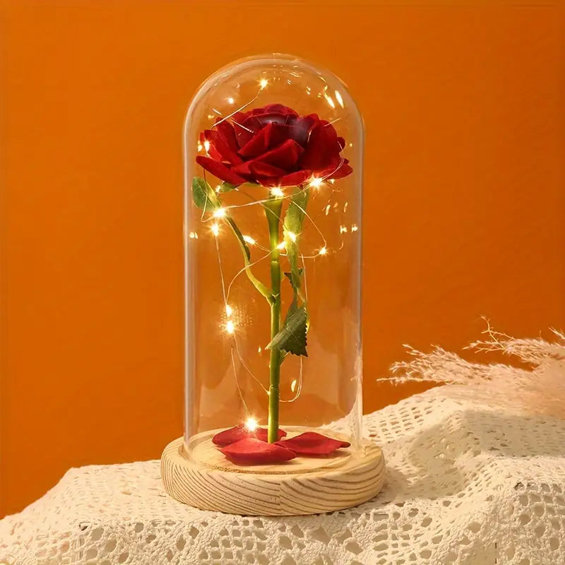 Eternal Rose in Glass Dome with LED Lights – Romantic Gift & Decor with Wooden Base