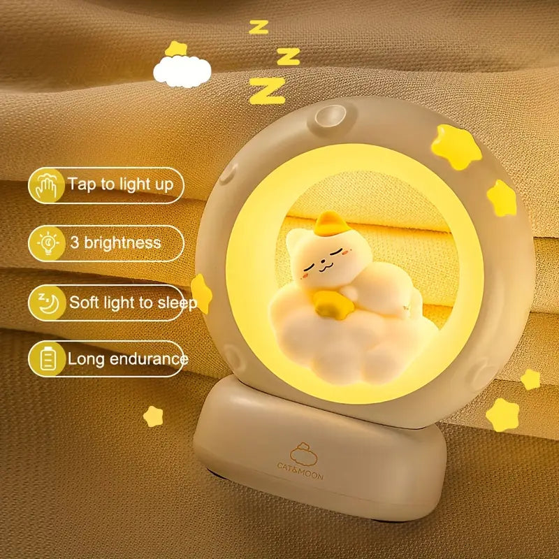 Cat's Moon Night Lamp – Cute LED Touch Control with 3 Brightness Modes, Rechargeable Table Lamp