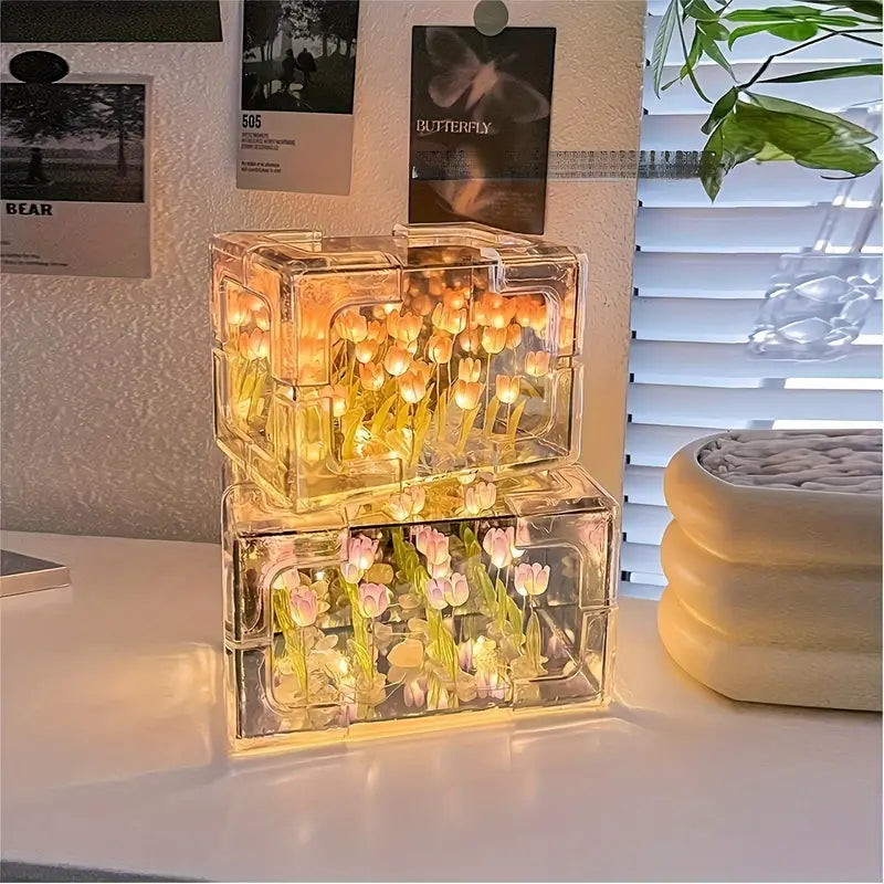 Assembled Tulip Mirror Night Light - Modern Floral Rectanguler Design, Battery-Powered
