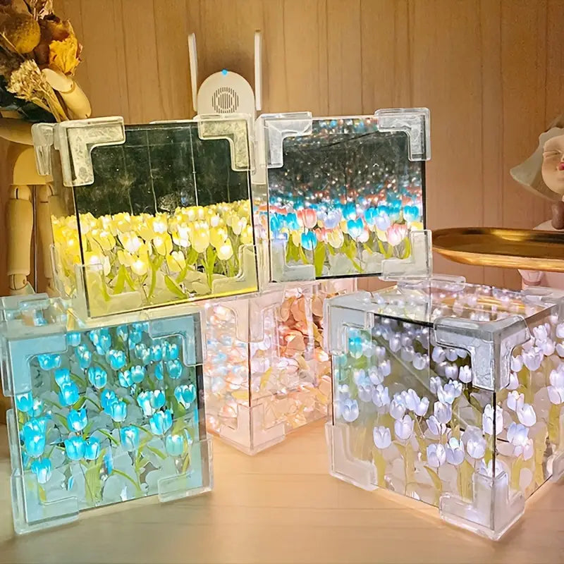 Assembled Tulip Mirror Night Light - Modern Floral Cube Design, Battery-Powered