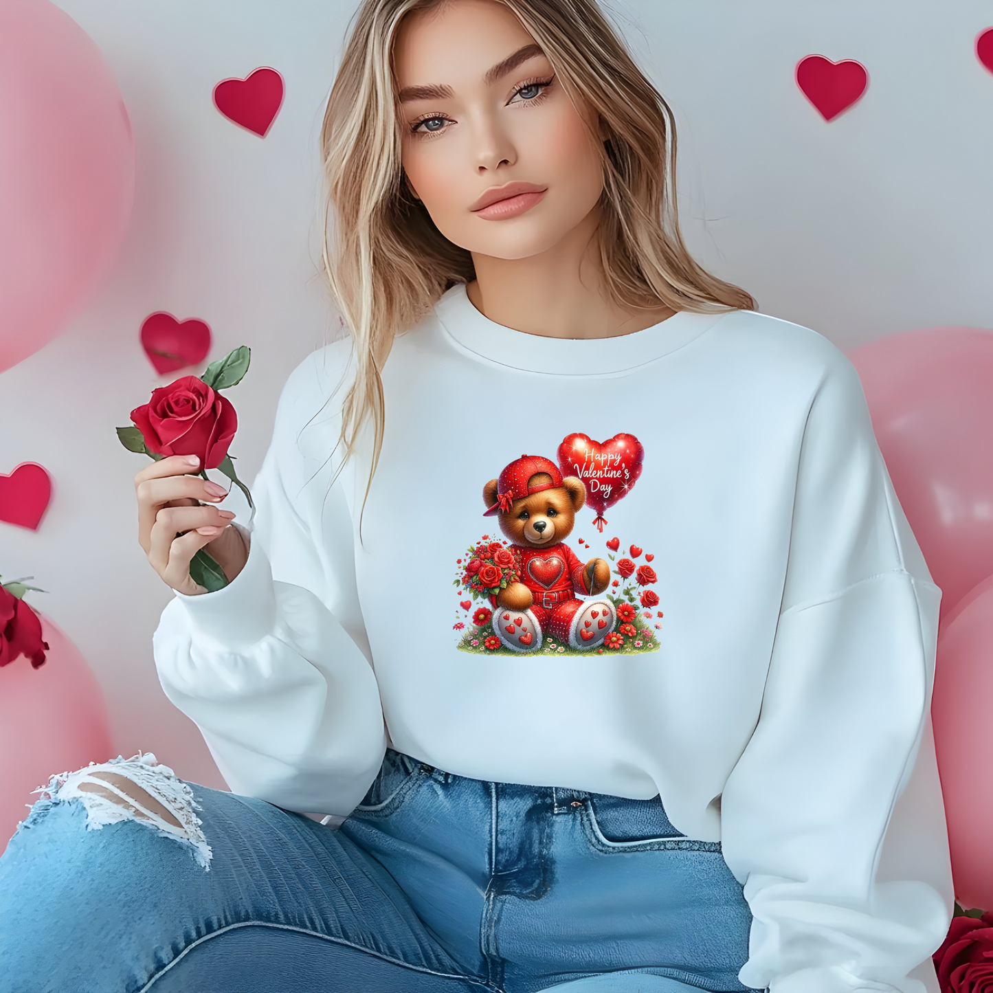 Crewneck unisexe Teddy Bear Happy Valentine's Day – Cadeau confortable et adorable pour vos proches