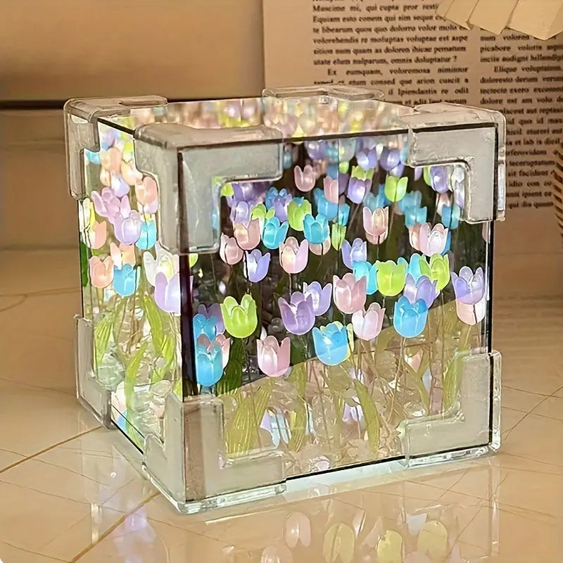 Assembled Tulip Mirror Night Light - Modern Floral Cube Design, Battery-Powered