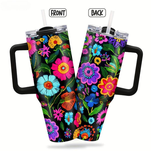 Vibrant Floral 40oz Stainless Steel Tumbler with Straw – Insulated & Leakproof Travel Mug