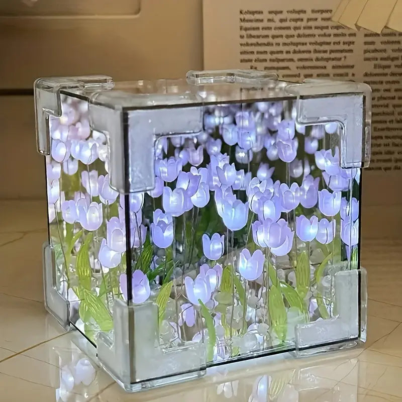 Assembled Tulip Mirror Night Light - Modern Floral Cube Design, Battery-Powered