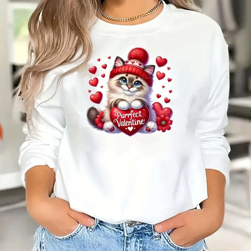 Unisex Valentine's Day Cat Crewneck Sweatshirt – Cozy & Customizable Love-Themed Apparel