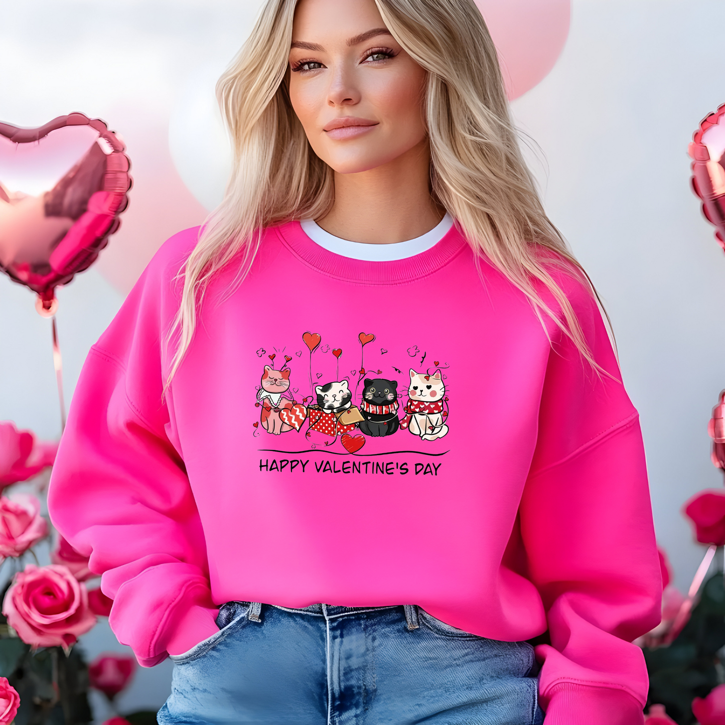Crewneck unisexe « Happy Valentine's Day Cute Cats » – Cadeau adorable pour les amoureux des chats et la Saint-Valentin