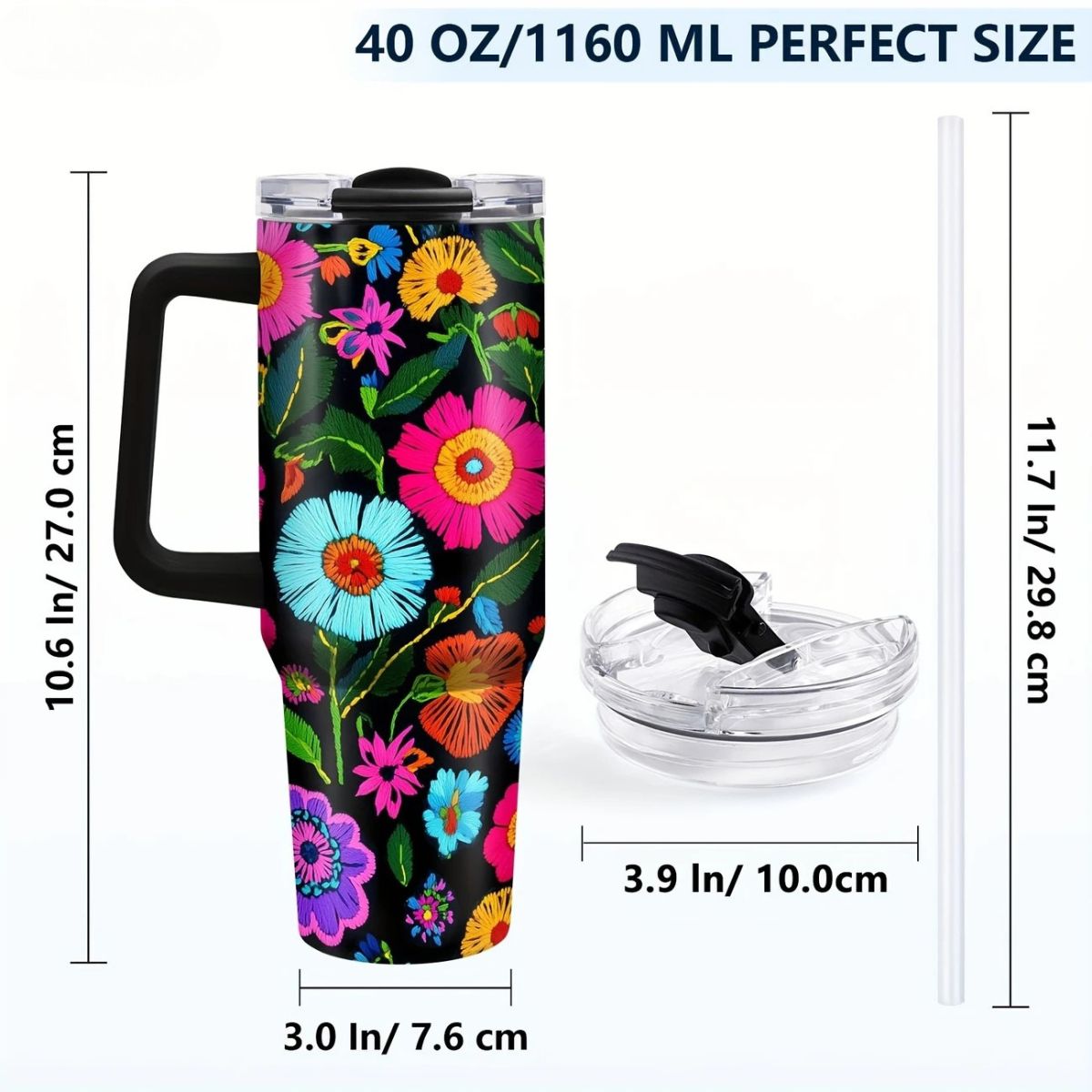 Vibrant Floral 40oz Stainless Steel Tumbler with Straw – Insulated & Leakproof Travel Mug