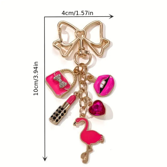 Festive Flamingo Keychain with Pink Lipstick, Heart, and Golden Bow Charms – Perfect Women's Day Gift