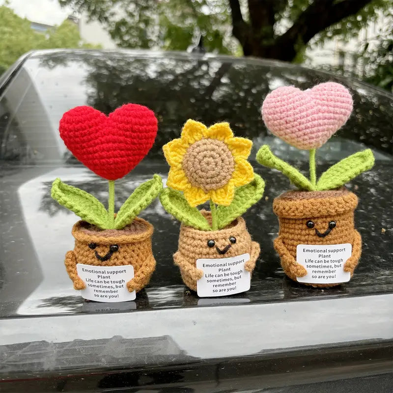 3pcs Handmade Crochet Simulated Plant Decoration – Red Heart Plant, Pink Heart Plant, Sunflower Plant