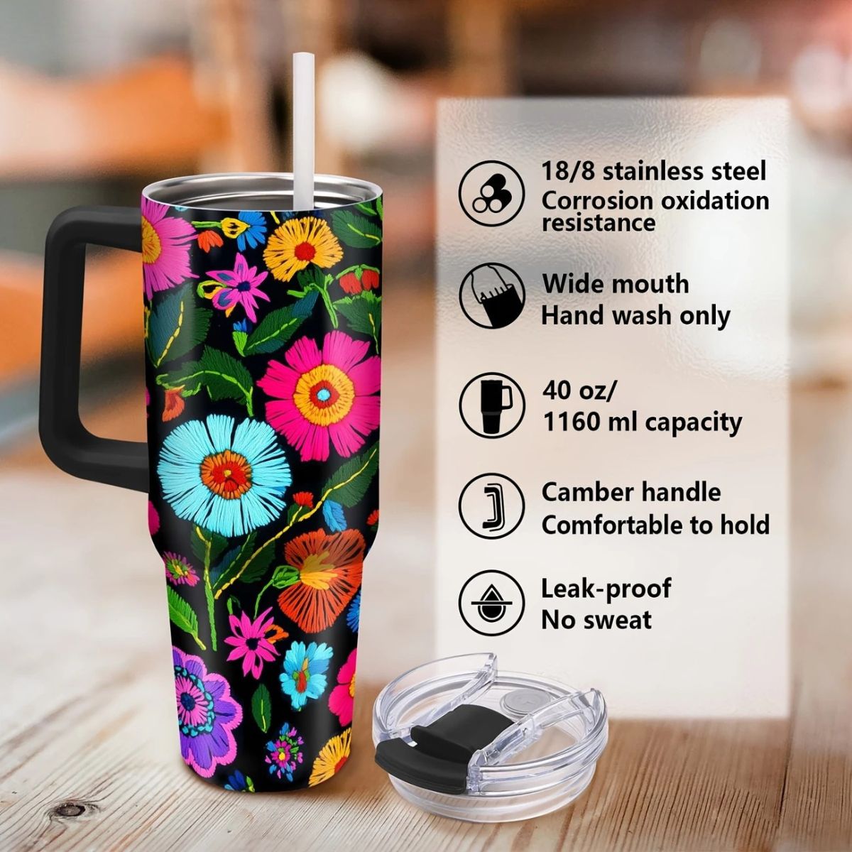 Vibrant Floral 40oz Stainless Steel Tumbler with Straw – Insulated & Leakproof Travel Mug