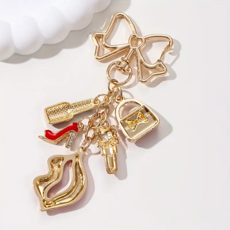 Chic Red Lip & High Heel Keychain with Bowtie Charm – Stylish Accessory for Bags, Backpacks, and Keys