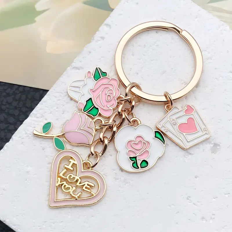 Pink Heart & Love Charm Keychain – Romantic & Stylish