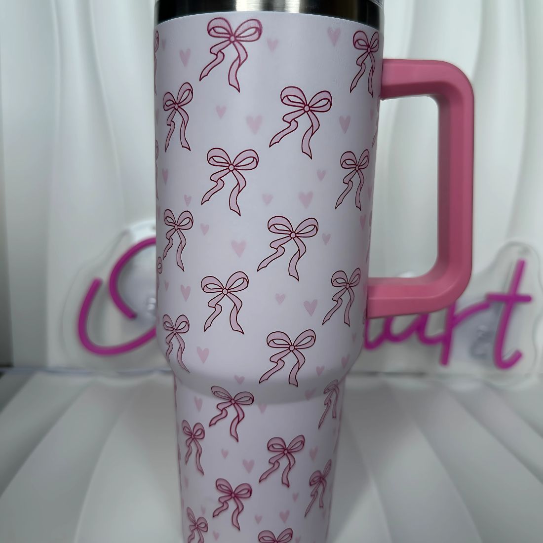 Pink Bow 40oz Stainless Steel Tumbler with Straw – Insulated & Leakproof Travel Mug