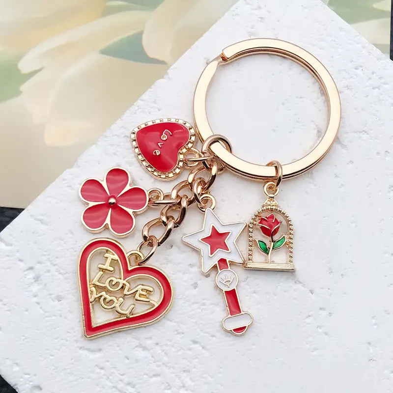 Red Heart & Rose Keychain – Elegant and Versatile