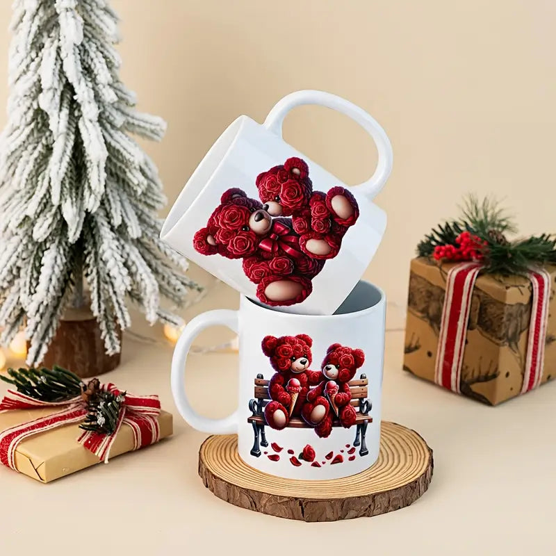 Teddy Bear Rose Flower Ceramic Mug Two-Sided 11 Oz