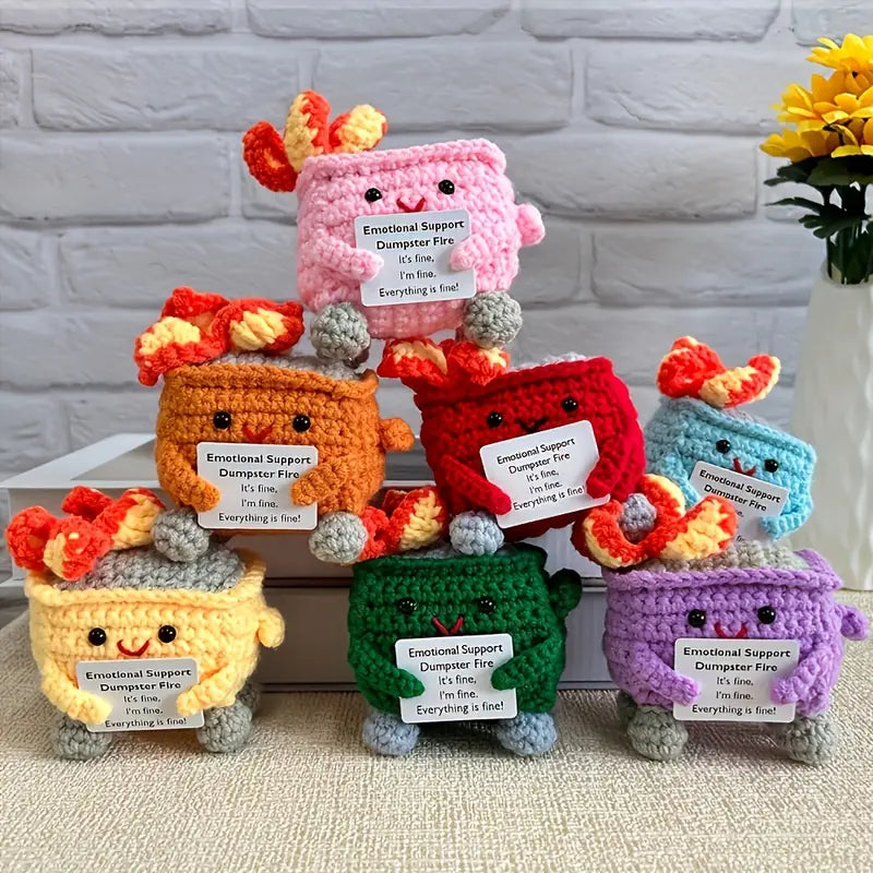 Handmade Crochet Emotional Support Dumpster Fire – A Whimsical Symbol of Humor and Resilience