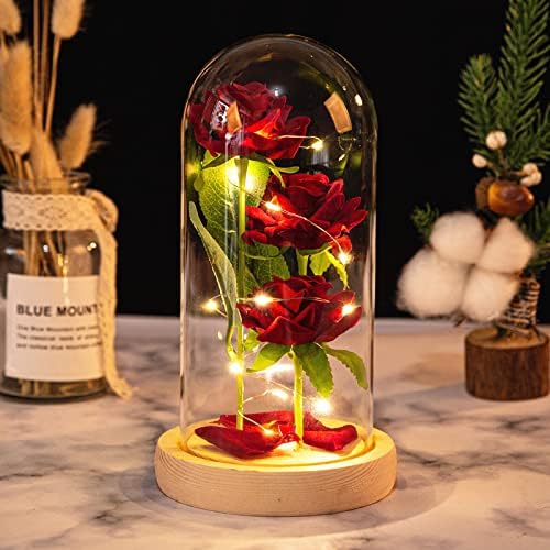 Classic Eternal Rose Dome with Three Red Roses and LED Lights