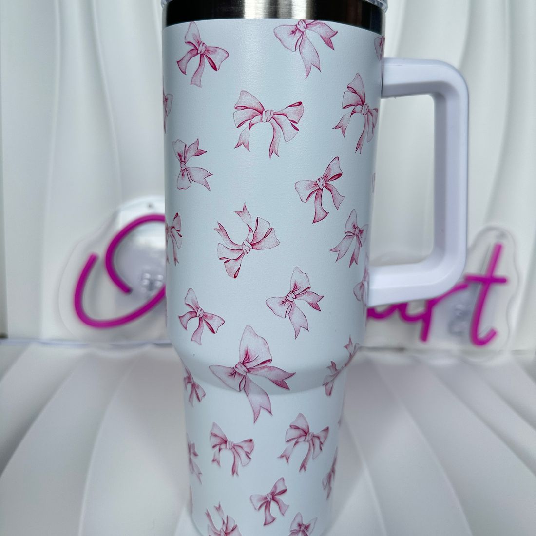 Pink Bow 40oz Stainless Steel Tumbler with Straw – Insulated & Leakproof Travel Mug