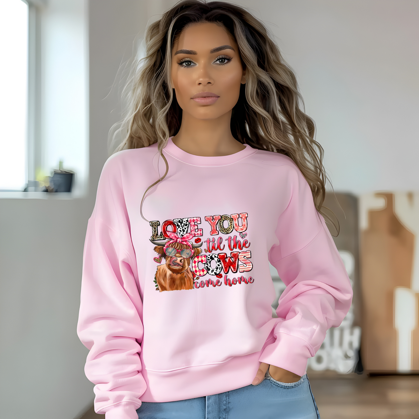 Sudadera unisex de cuello redondo "Te amo hasta que las vacas vuelvan a casa": un regalo original y acogedor para San Valentín.