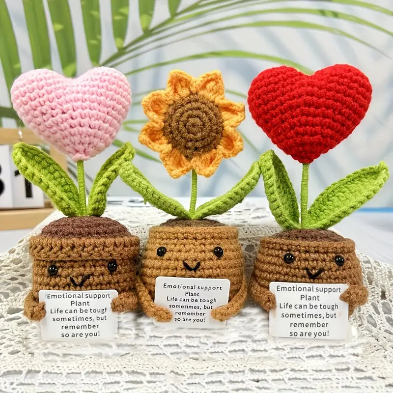 3pcs Handmade Crochet Simulated Plant Decoration – Red Heart Plant, Pink Heart Plant, Sunflower Plant