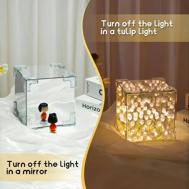 Assembled Tulip Mirror Night Light - Modern Floral Cube Design, Battery-Powered