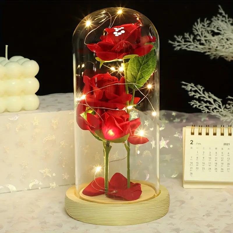 Classic Eternal Rose Dome with Three Red Roses and LED Lights