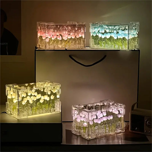 Assembled Tulip Mirror Night Light - Modern Floral Rectanguler Design, Battery-Powered