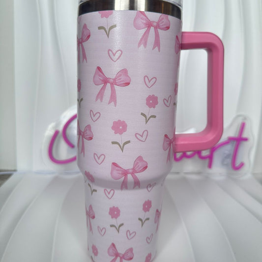 Pink Bow 40oz Stainless Steel Tumbler with Straw – Insulated & Leakproof Travel Mug