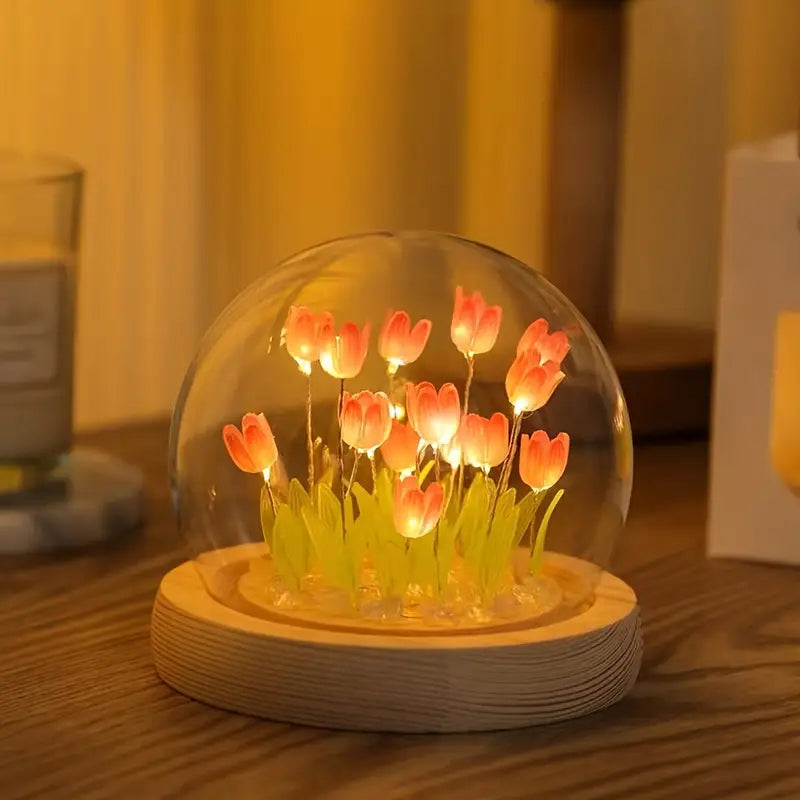 Assembled Tulip Night Light Dome - Romantic Floral LED Desk Lamp
