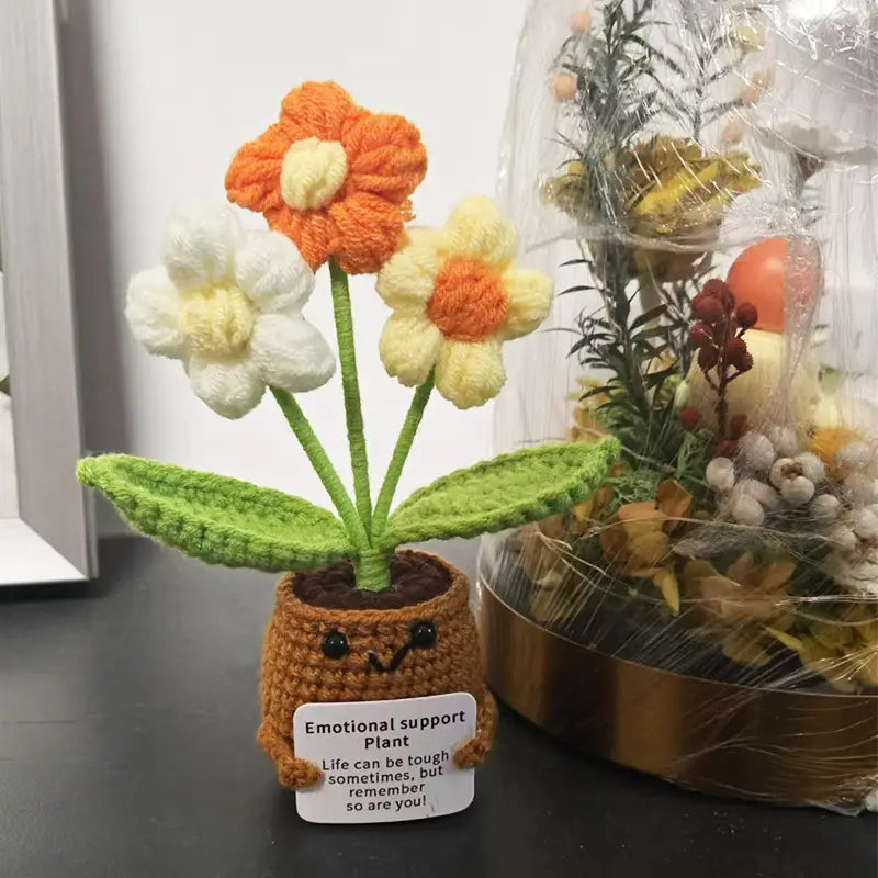 Handmade Mini Knitted Emotional Support Colorful Plant Pot Gift - Cute Crochet Forget-Me-Nots with Card