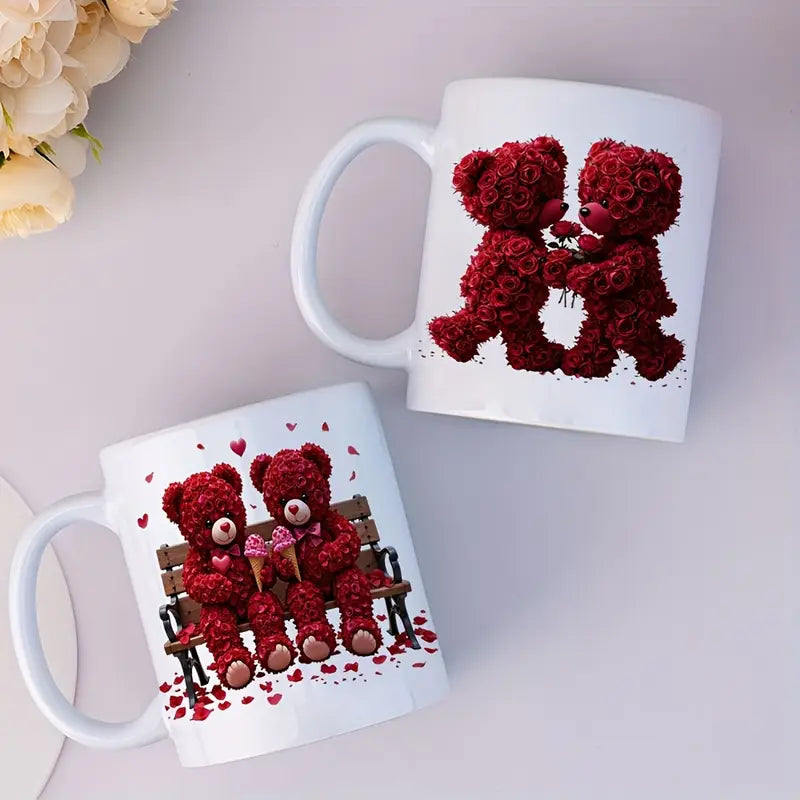 Teddy Bear Rose Flower Ceramic Mug Two-Sided 11 Oz