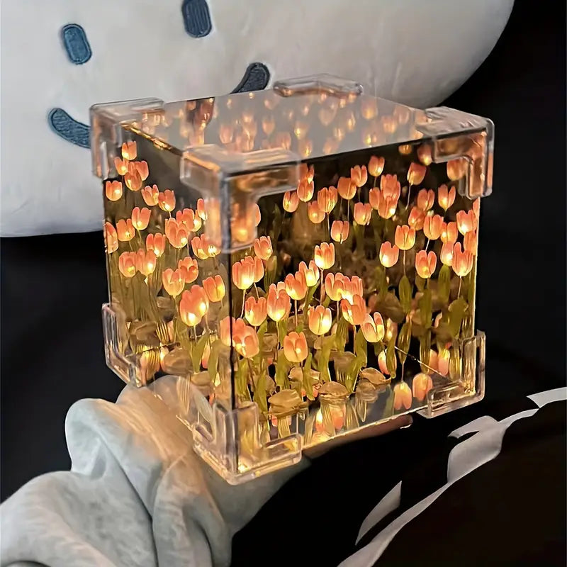 Assembled Tulip Mirror Night Light - Modern Floral Cube Design, Battery-Powered