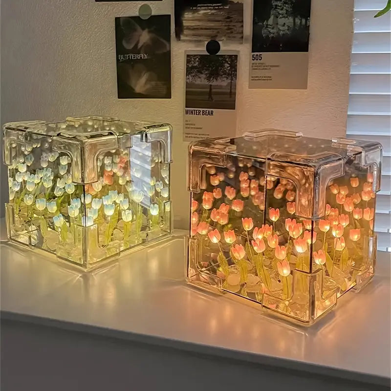 Assembled Tulip Mirror Night Light - Modern Floral Cube Design, Battery-Powered