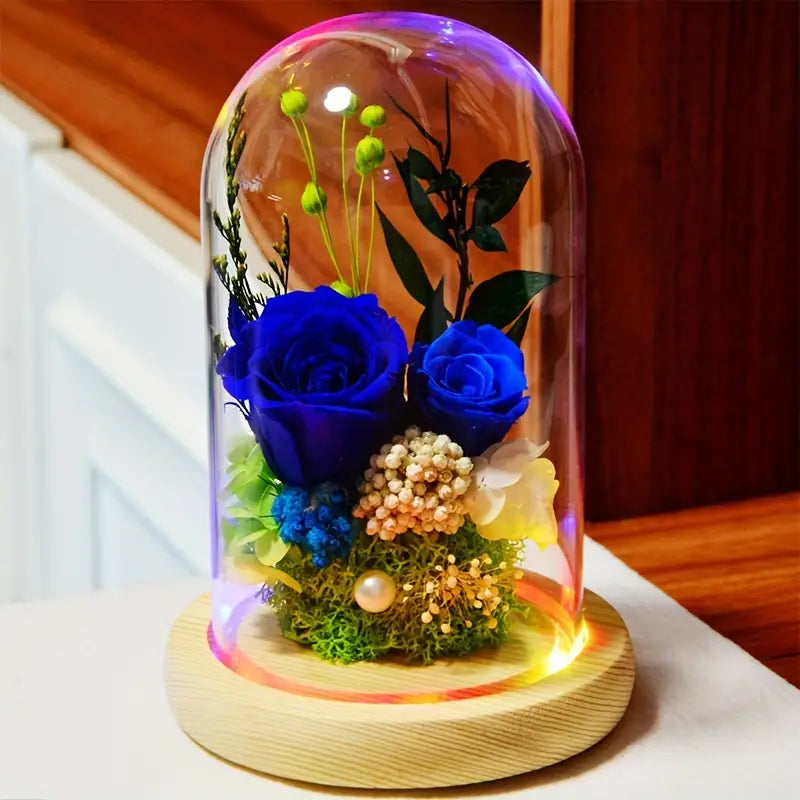 Eternal Blue Rose Glass Dome – Real Flowers with LED Light Display