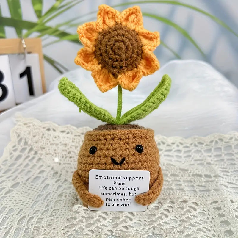 3pcs Handmade Crochet Simulated Plant Decoration – Red Heart Plant, Pink Heart Plant, Sunflower Plant