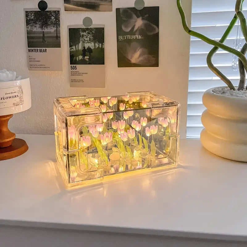Assembled Tulip Mirror Night Light - Modern Floral Rectanguler Design, Battery-Powered
