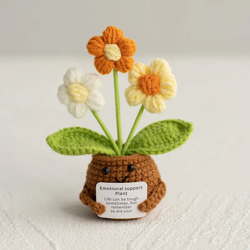 Handmade Mini Knitted Emotional Support Colorful Plant Pot Gift - Cute Crochet Forget-Me-Nots with Card