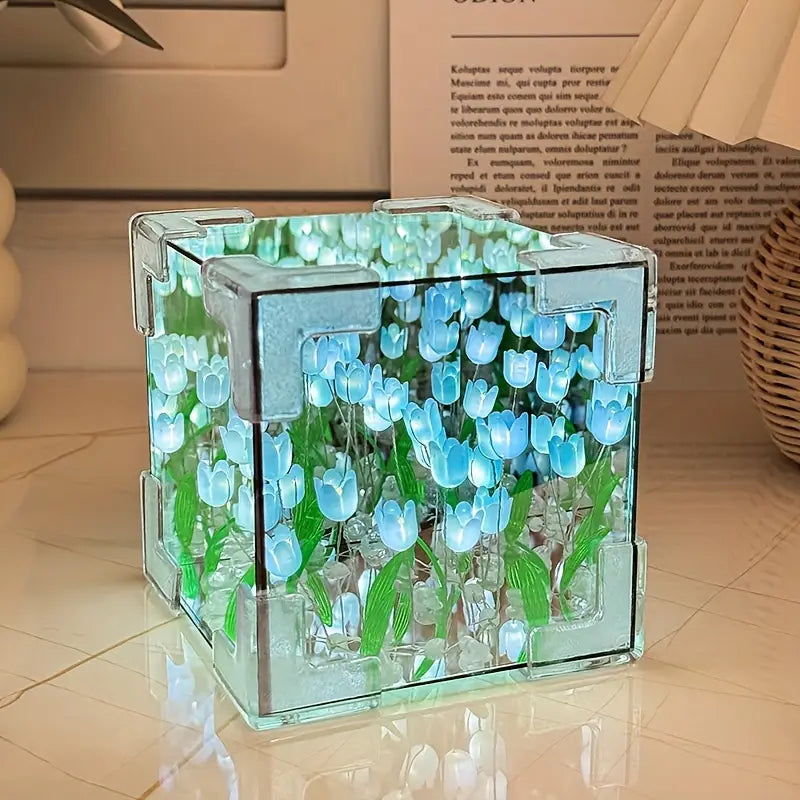 Assembled Tulip Mirror Night Light - Modern Floral Cube Design, Battery-Powered