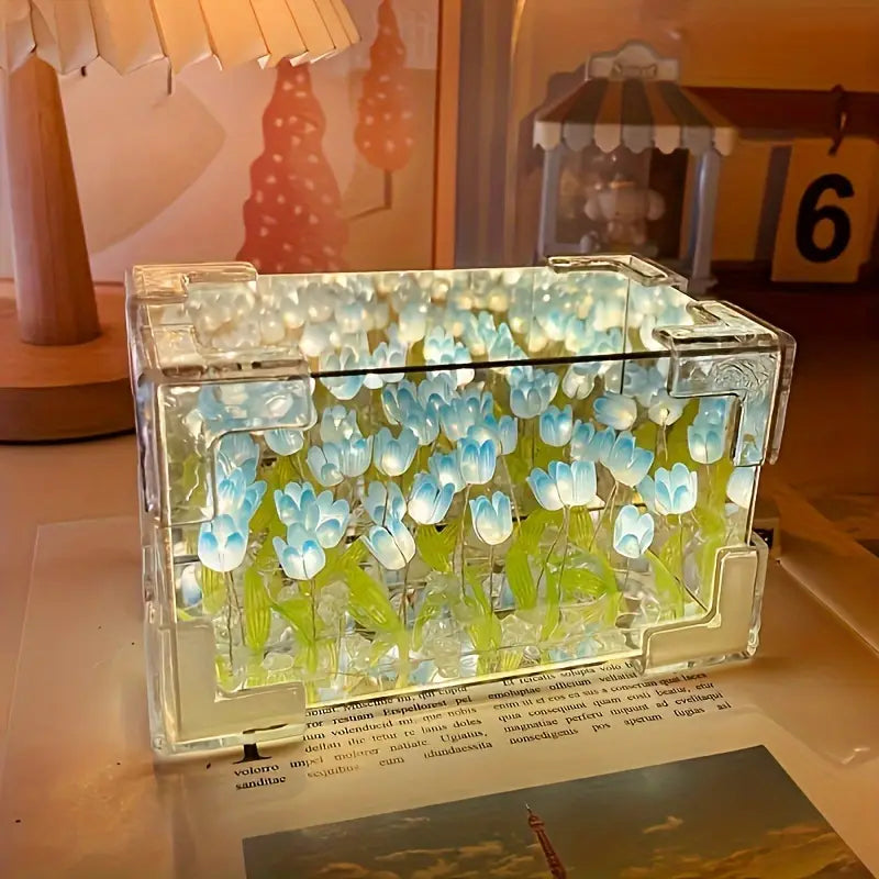 Assembled Tulip Mirror Night Light - Modern Floral Rectanguler Design, Battery-Powered