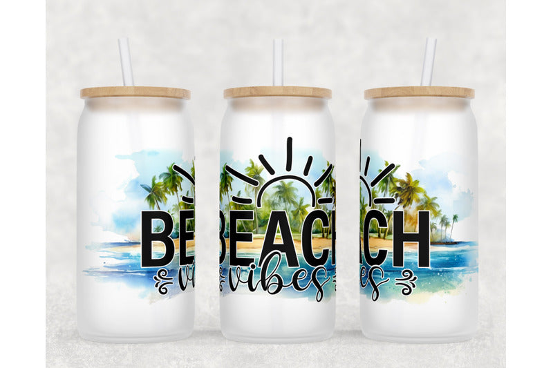 Beach Theme Glass Cup – 16oz / 473ml Glass Tumbler with Bamboo Lid & Straw - Clear or Frosted