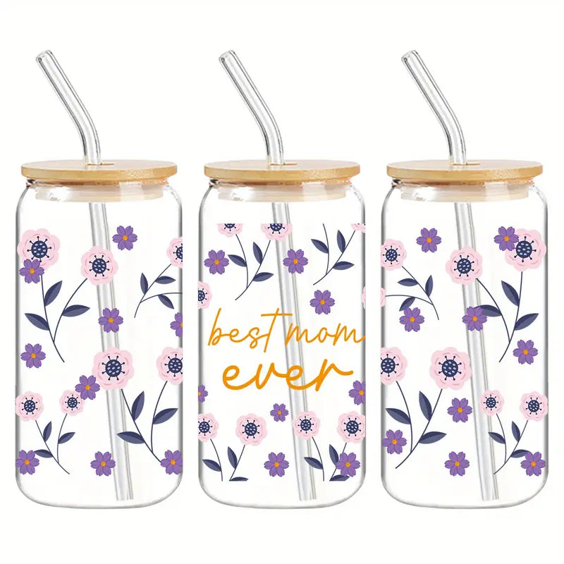 Best Mom Ever Glass Cup – 16oz / 473ml Glass Tumbler with Bamboo Lid & Straw - Clear or Frosted