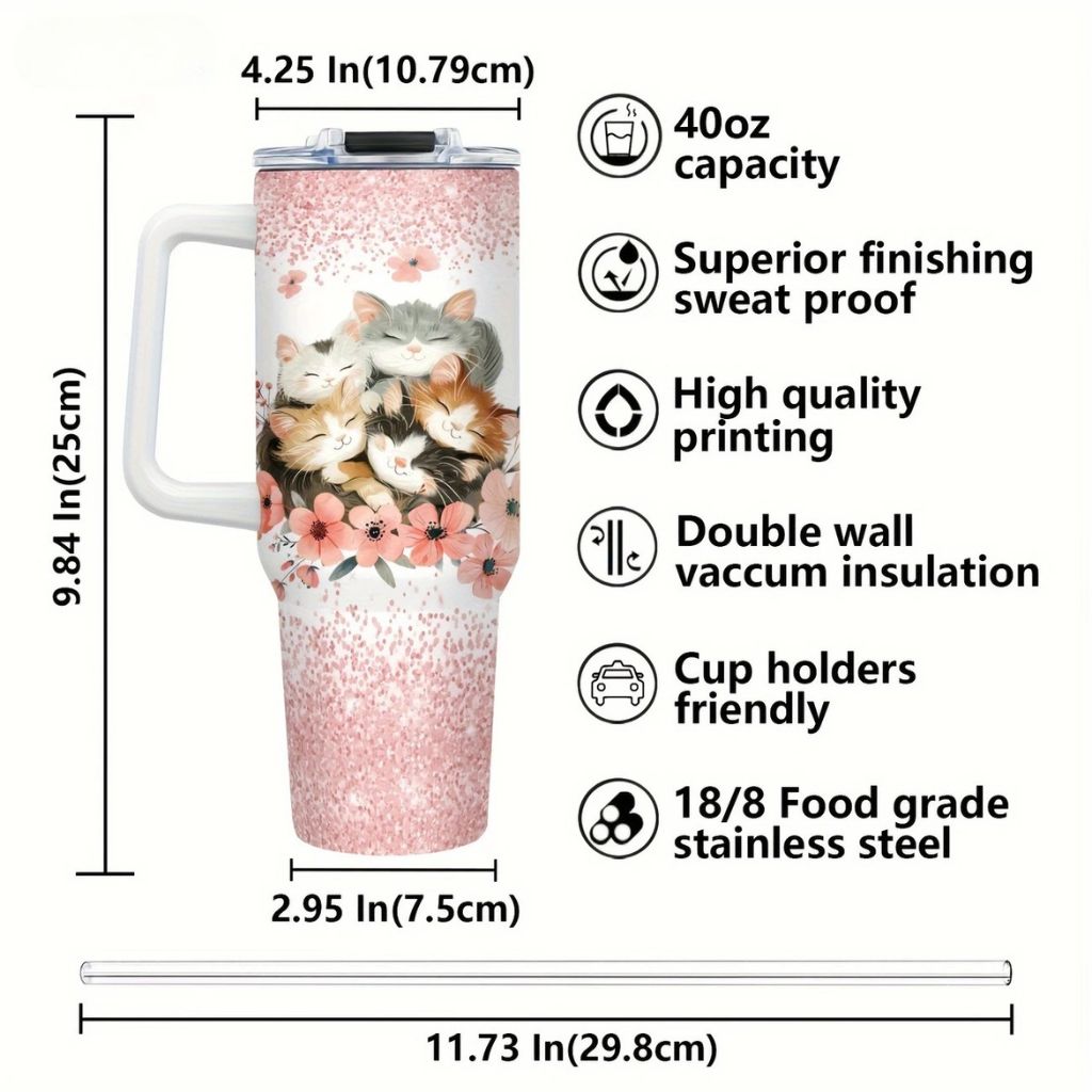 Gobelet de voyage isotherme et étanche en acier inoxydable avec paille Motif chats 1 134 ml