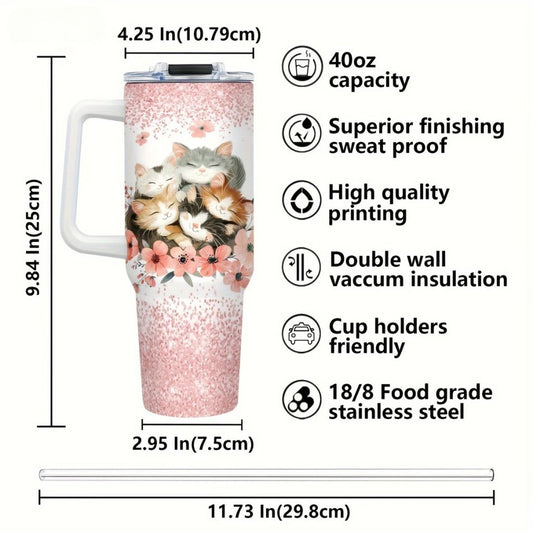 Cats 40oz Stainless Steel Tumbler with Straw – Insulated & Leakproof Travel Mug