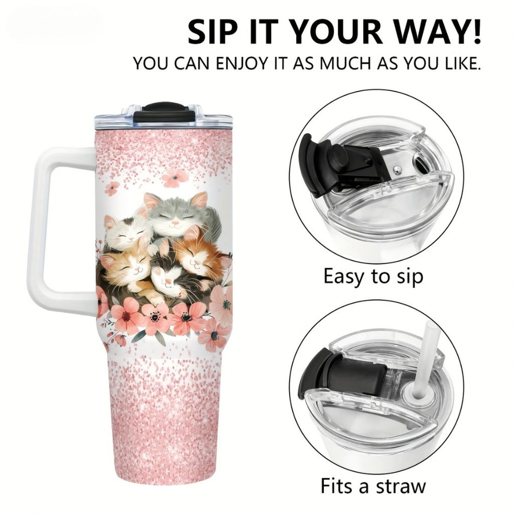 Gobelet de voyage isotherme et étanche en acier inoxydable avec paille Motif chats 1 134 ml