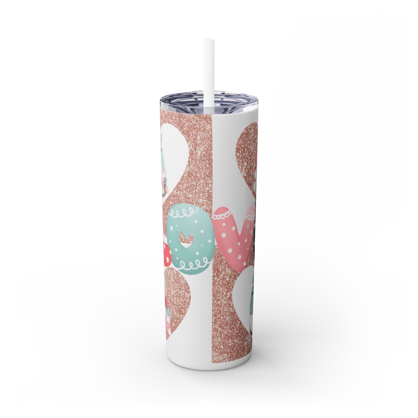 Gobelet en acier inoxydable Love Heart Gnome de 20 oz (600 ml) avec une paille en métal et une brosse