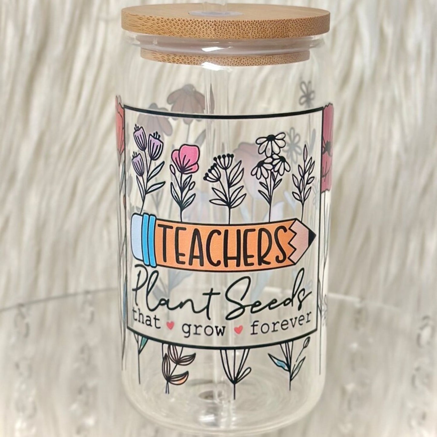 Teacher Glass Cup - 16oz/473ml Glass Tumbler with Bamboo Lid & Straw - Clear or Frosted