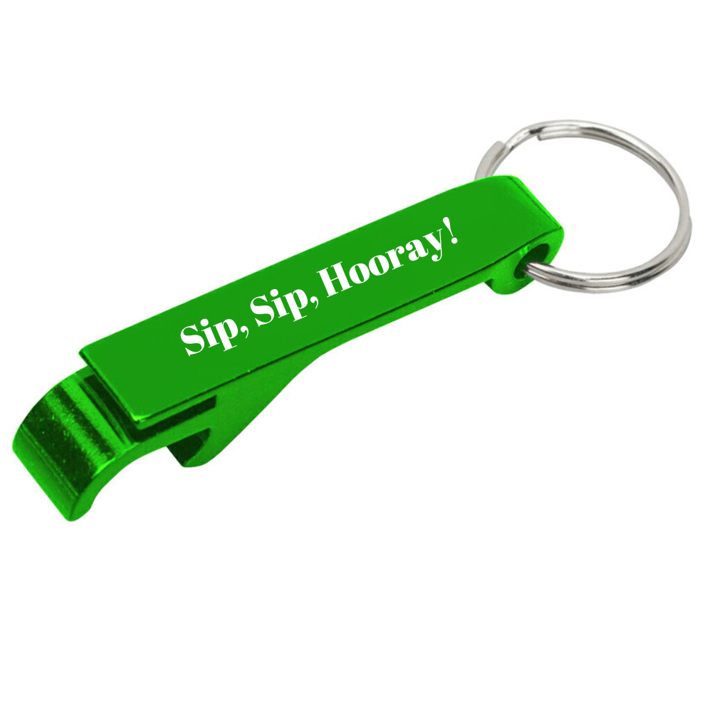 NewShark "Sip, Sip, Hooray!" Engraved Aluminum Bottle Opener Keychain