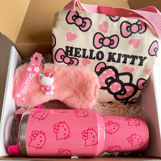 Paquete de regalo de Hello Kitty: vaso, bolsa de tela, antifaz, llavero y obsequio.