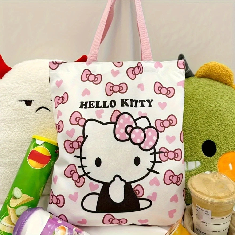 Hello Kitty Tote Bag – Pink Bows & Hearts, Large Capacity, Zipper Closure